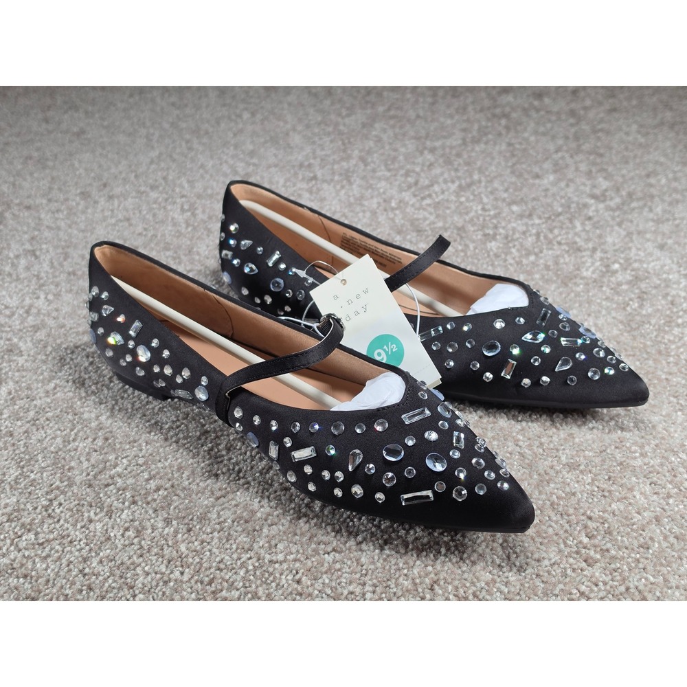 A New Day Gabriella Mary Jane Flats Black Rhinestone Pointed Toe Shoes 9.5 NEW